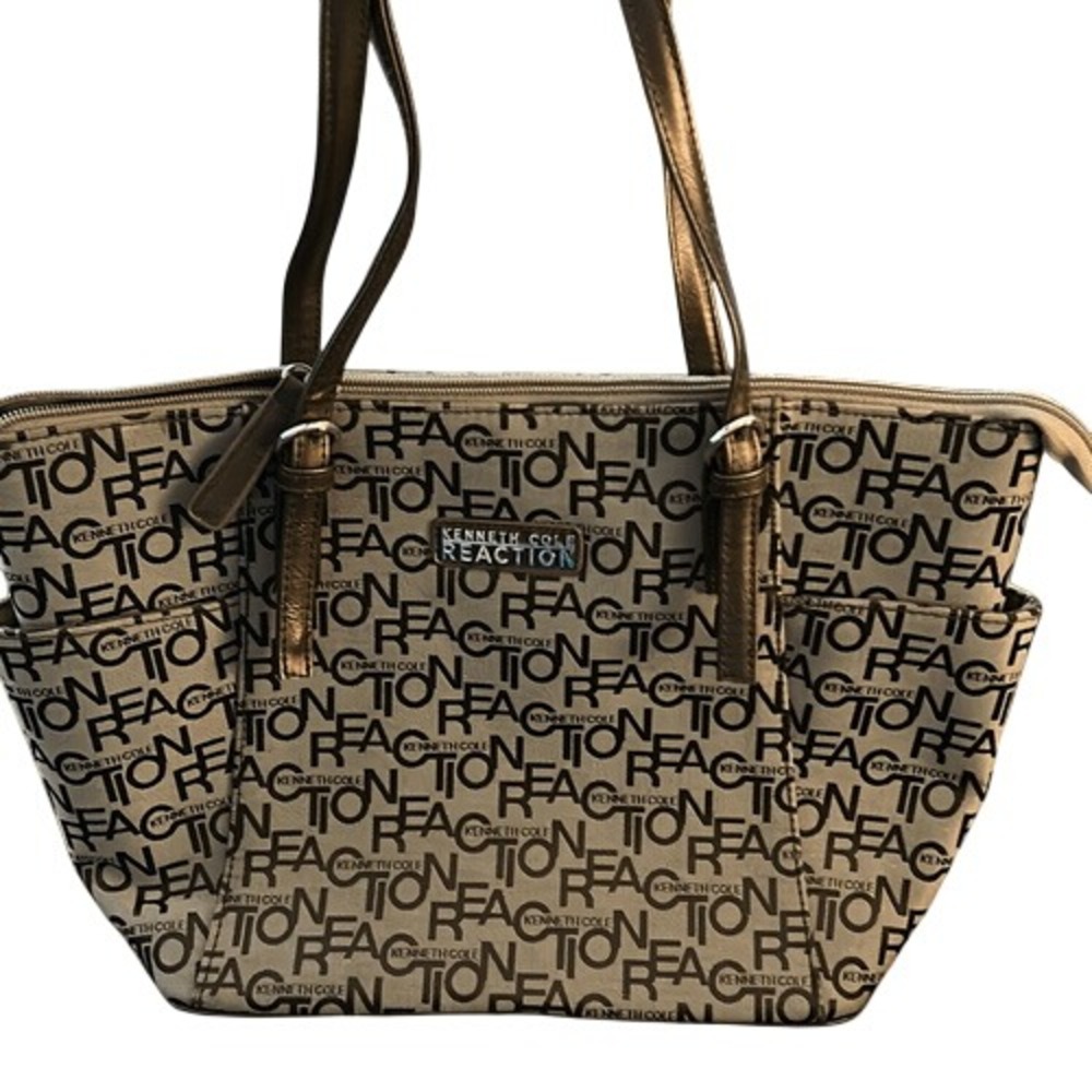 Kenneth Cole Reaction Logo Tote Bag Gray Black Shoulder Purse Work Travel Large